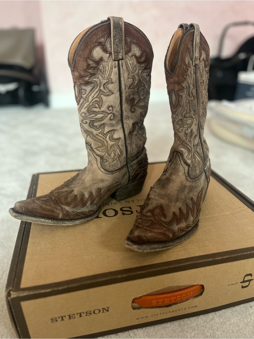 Stetson Women's Brown Embroidered Western Boots. Handmade, distressed and washed